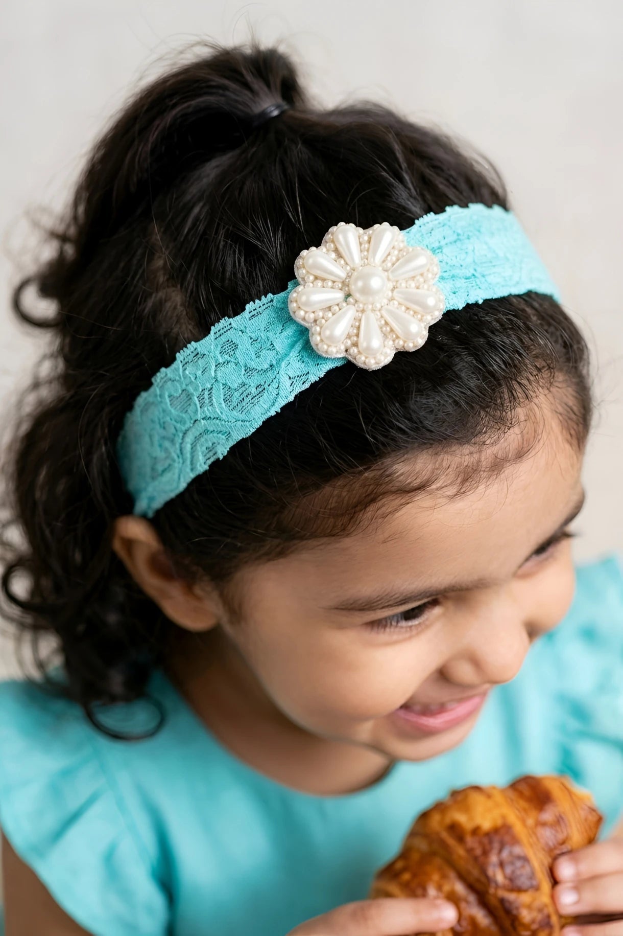 Floral Green Lace Net Hair Band - Teardrop Pearls - Floral Pattern - Vibrant Floral Green - Choko