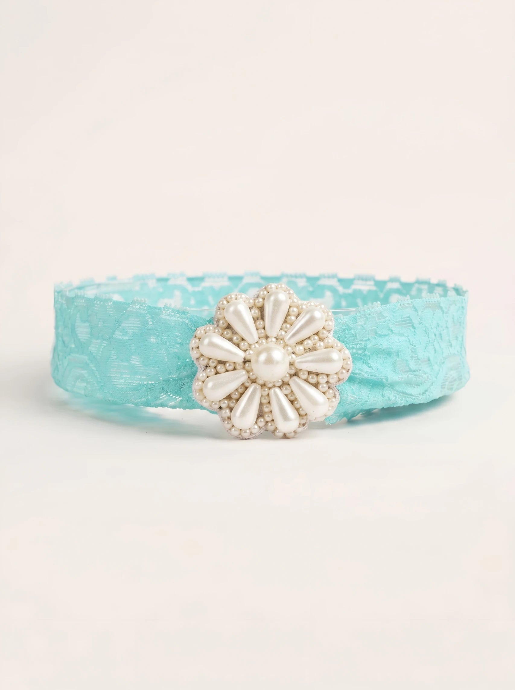 Floral Green Lace Net Hair Band - Teardrop Pearls - Floral Pattern - Vibrant Floral Green - Choko