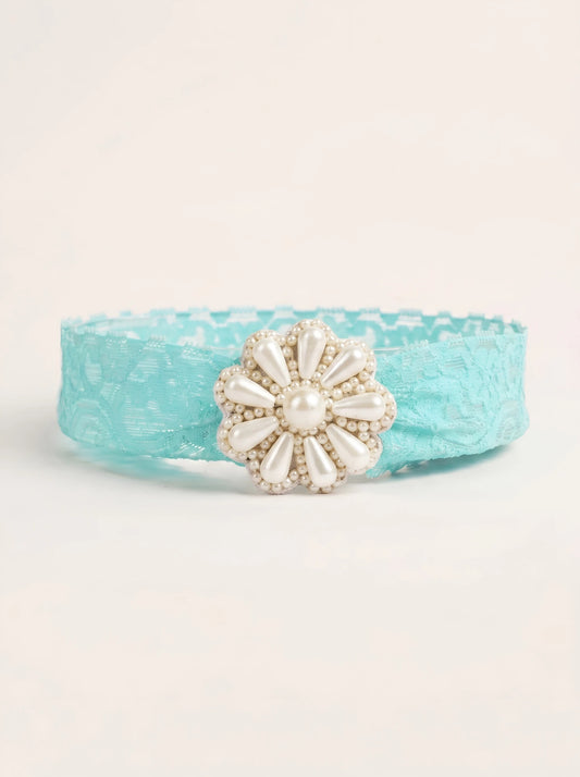 Floral Green Lace Net Hair Band - Teardrop Pearls - Floral Pattern - Vibrant Floral Green - Choko