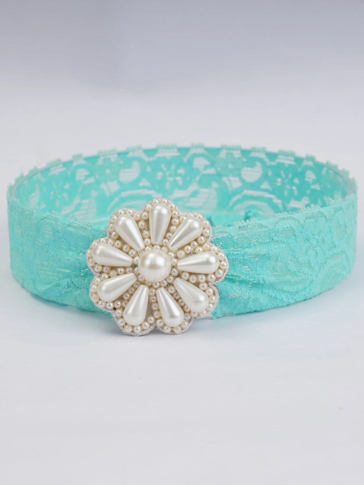 Floral Green Lace Net Hair Band - Teardrop Pearls - Floral Pattern - Vibrant Floral Green - Choko