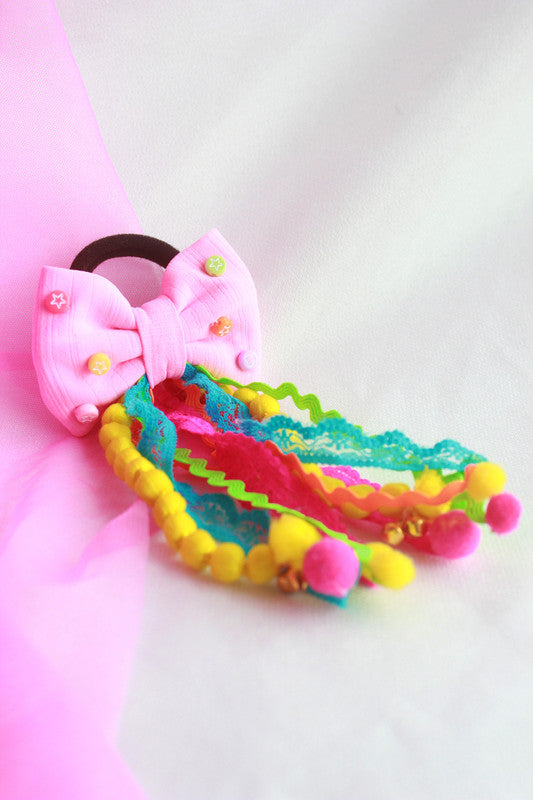 Pink Embellished Hair Tie for Girls & Kids with Pom-Poms & Ribbons - Choko