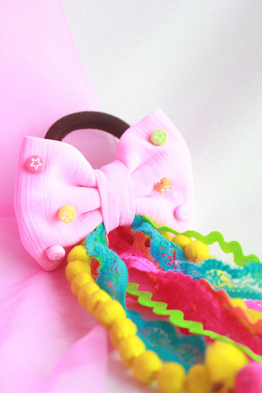 Pink Embellished Hair Tie for Girls & Kids with Pom-Poms & Ribbons - Choko