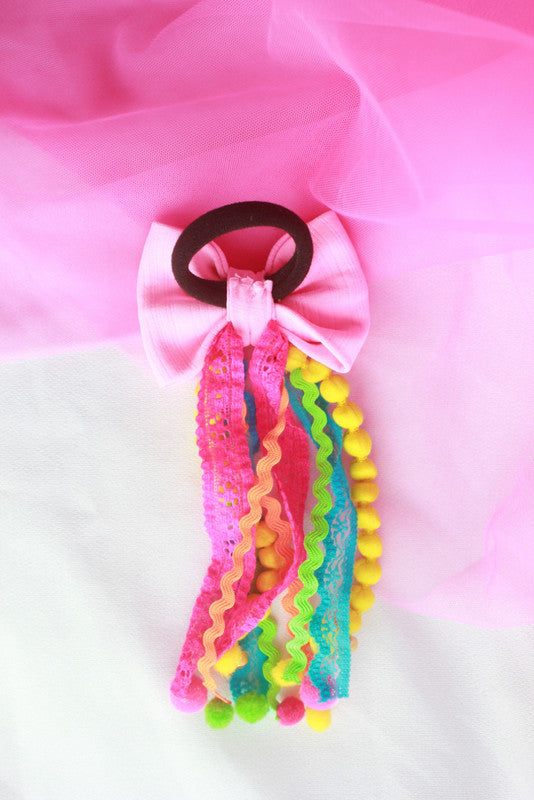 Pink Embellished Hair Tie for Girls & Kids with Pom-Poms & Ribbons - Choko