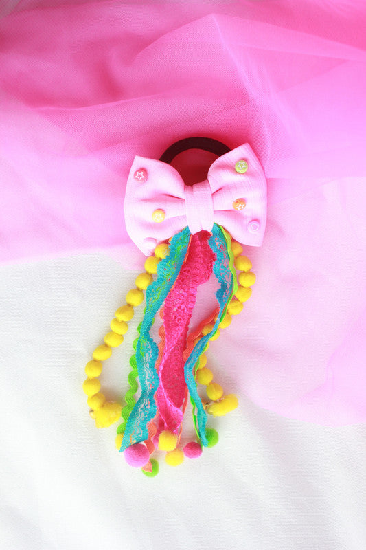 Pink Embellished Hair Tie for Girls & Kids with Pom-Poms & Ribbons - Choko