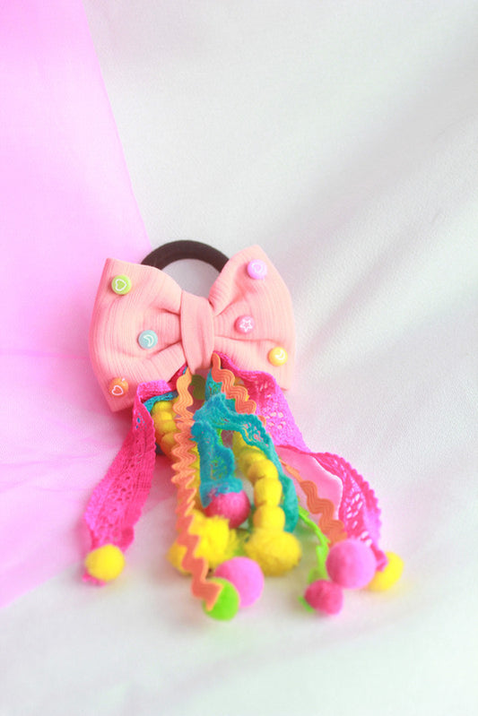 Peach Embellished Bow Hair Tie for Girls & Kids - Pom-Poms & Ribbon Delight