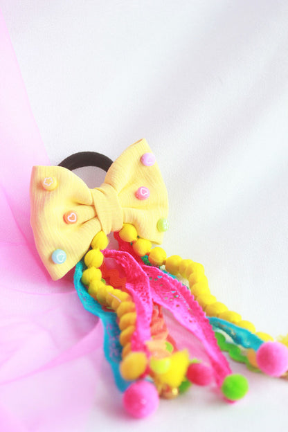 Yellow Embellished Hair Tie for Girls & Kids with Pom-Poms & Ribbons