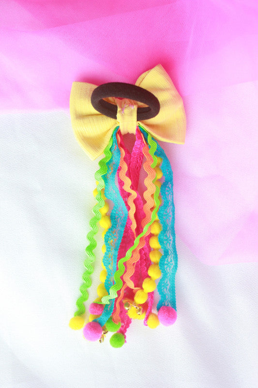 Yellow Embellished Hair Tie for Girls & Kids with Pom-Poms & Ribbons