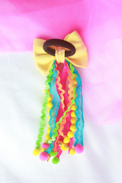 Yellow Embellished Hair Tie for Girls & Kids with Pom-Poms & Ribbons