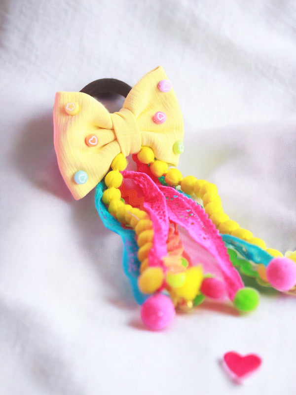 Yellow Embellished Hair Tie for Girls & Kids with Pom-Poms & Ribbons