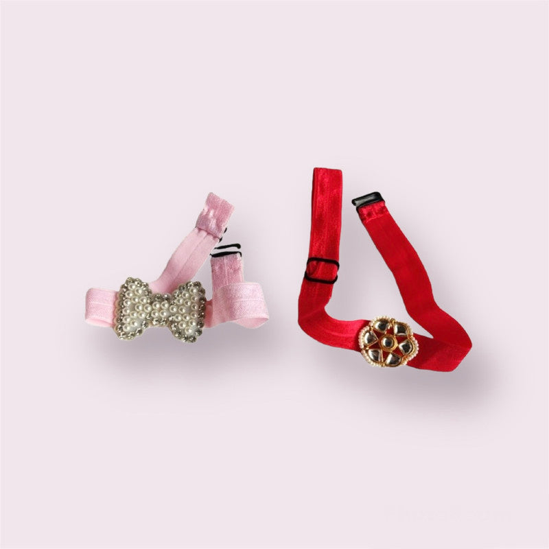 Choko Set of 2 Diwali Themed Floral and Bowie Hair Band for Girls - Pink, Red