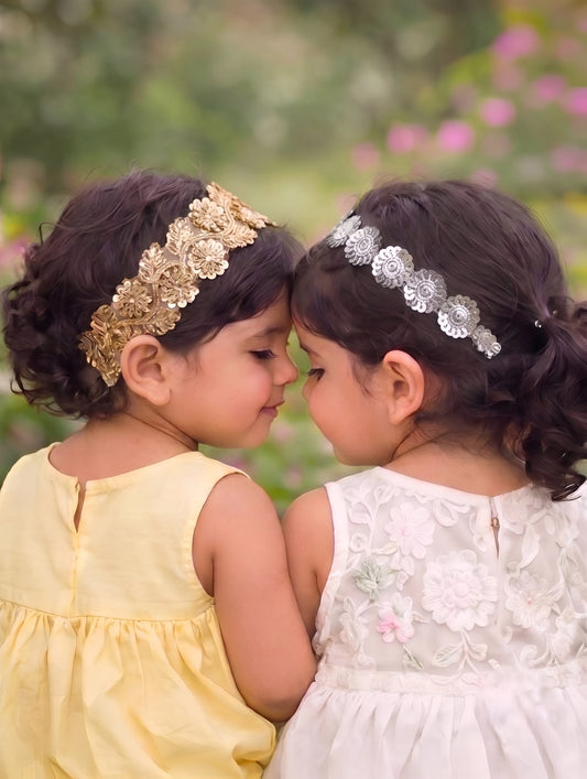 Choko - Set of 2 Sequin Flora Stretchable Hair Band for Babies - Silver and Gold - Choko