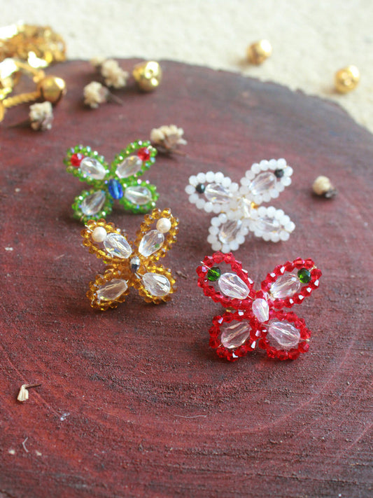 Beads and Pearls Embellished Butterfly Accent Ring for Girls - Yellow, White, Green, Red