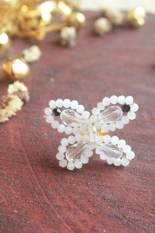 Beads and Pearls Embellished Butterfly Accent Ring for Girls – White, Off-White