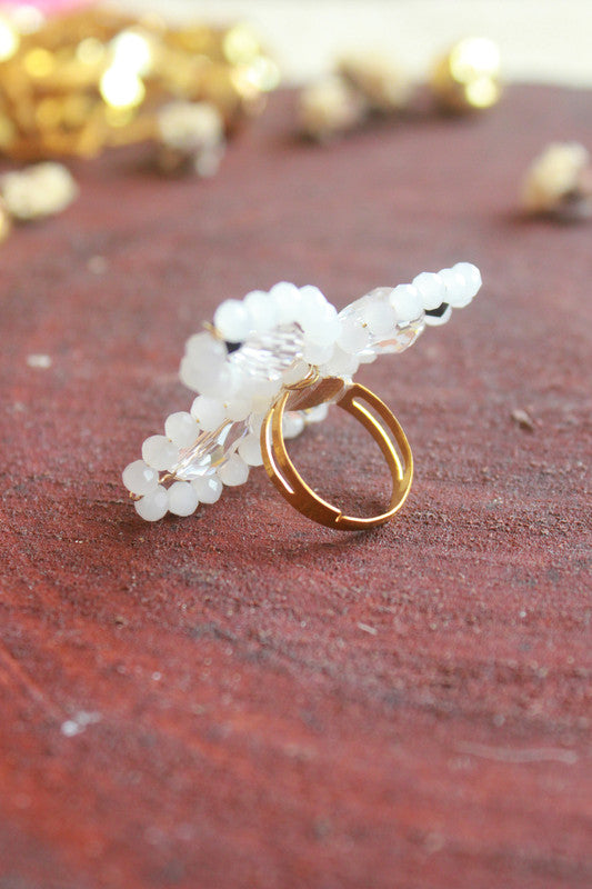 Beads and Pearls Embellished Butterfly Accent Ring for Girls – White, Off-White