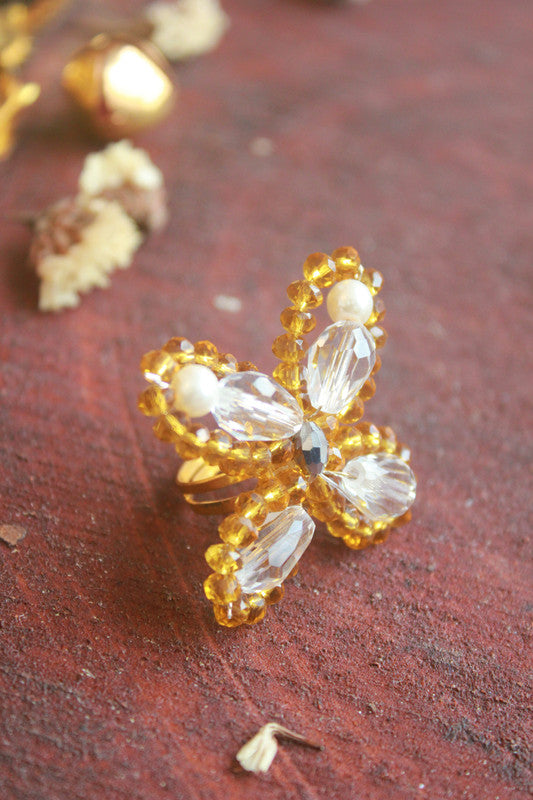 Beads & Pearls Butterfly Accent Ring – Yellow & White, Handmade for Kids