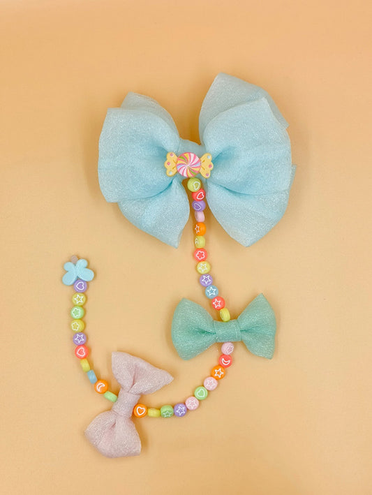 Beads String Attached Shiny Green Bowie Hair Clip for Girls & Kids