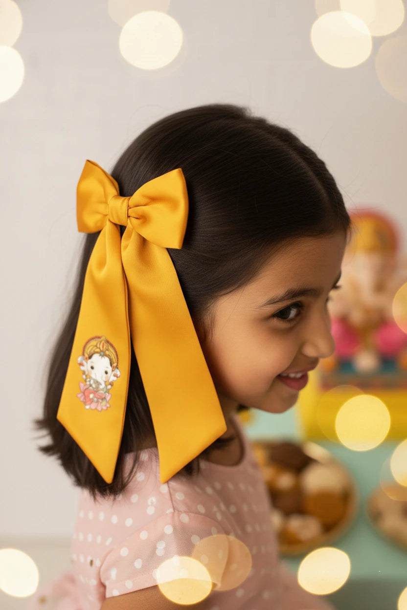 Choko Cute Ganesha Printed Bowie Hair Clip for Girls & Kids - Mustard Yellow - Choko