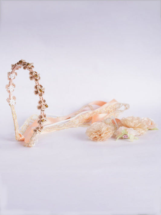 Floral Lace Beaded Hairband - Peach, Brown, White