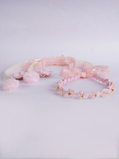 Floral Stone Accented Pink Lace Hairband - Tie Down
