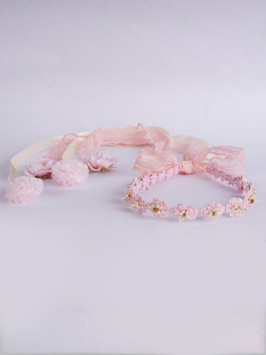 Floral Stone Accented Pink Lace Hairband - Tie Down