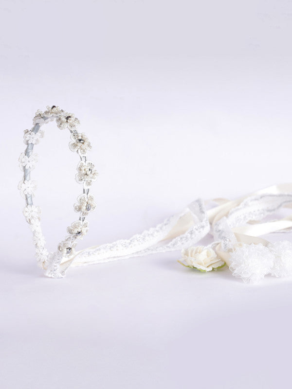 Lace Floral Beaded Hairband - Pearls and Crystals - White, Silver