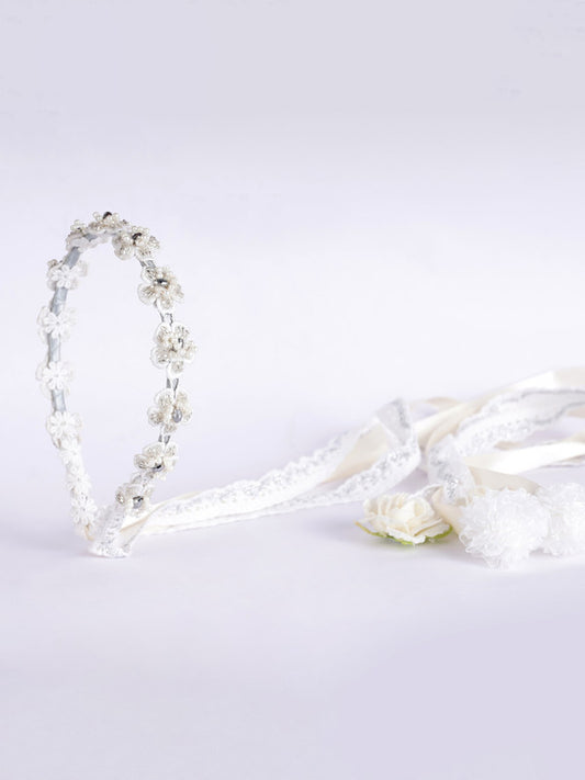 Lace Floral Beaded Hairband - Pearls and Crystals - White, Silver