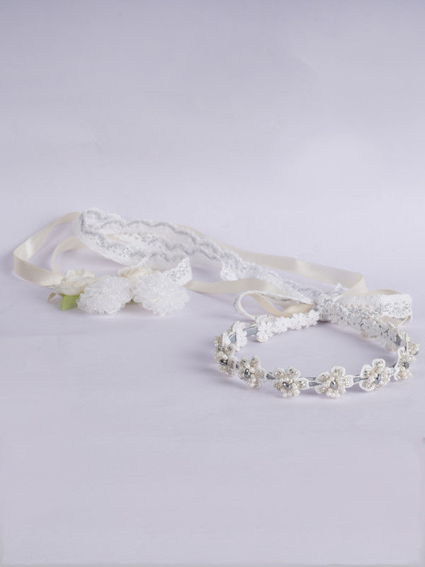 Lace Floral Beaded Hairband - Pearls and Crystals - White, Silver