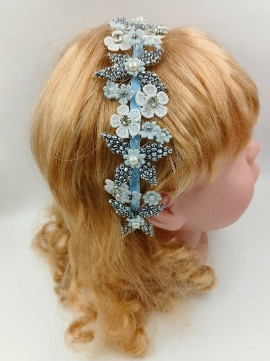 Floral Crown Hairband for Girls & Kids – Blue & Silver