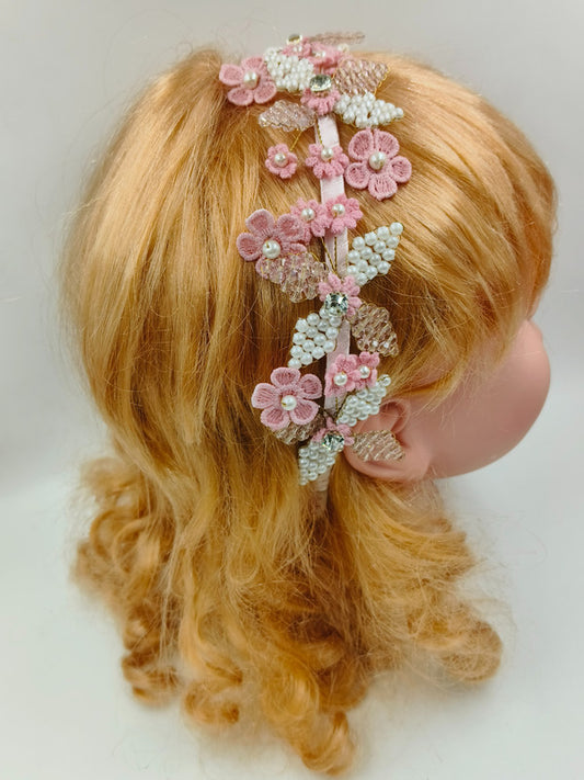 Floral Elegance Crown Hairband for Girls & Kids – Pink Beaded Vine & Lace