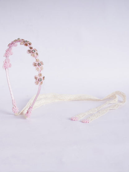 Pink Lace Blossom Flower Hair Band for Girls & Kids – Crystal Beads Accent
