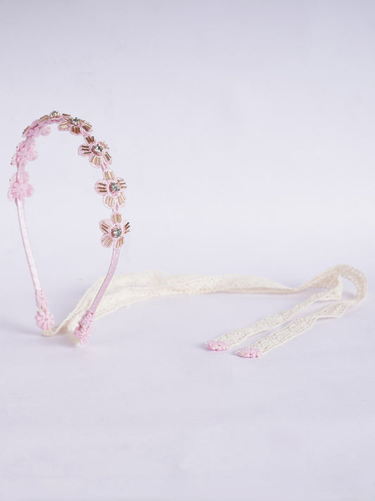 Pink Lace Blossom Flower Hair Band for Girls & Kids – Crystal Beads Accent