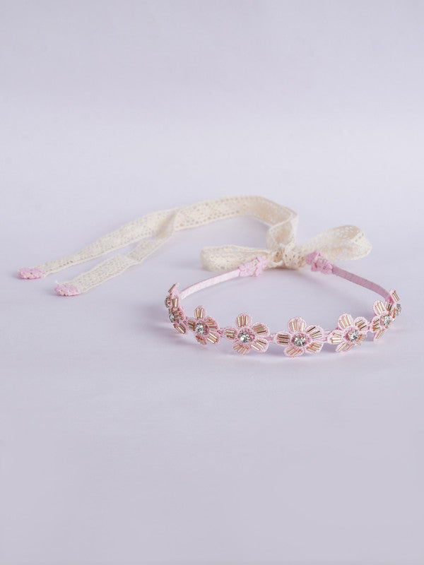 Pink Lace Blossom Flower Hair Band for Girls & Kids – Crystal Beads Accent