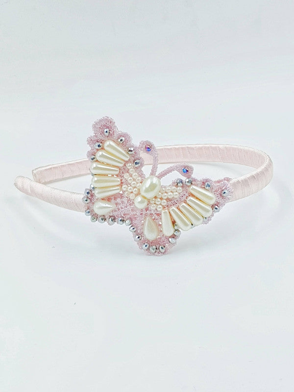 Pink butterfly-shaped hairband with pearls for girls