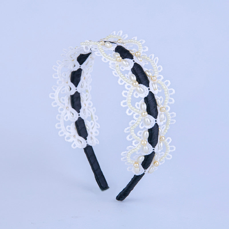 Choko Black & Off White Lace Pearl Kids Hair Band for Girls