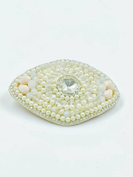 Choko - Kids Satin Hand Embellished Hairclip - Sequin and Glass Beads - Off White, Clear & Cream