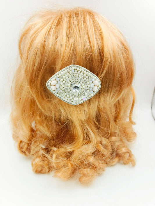 Choko - Kids Satin Hand Embellished Hairclip - Sequin and Glass Beads - Off White, Clear & Cream