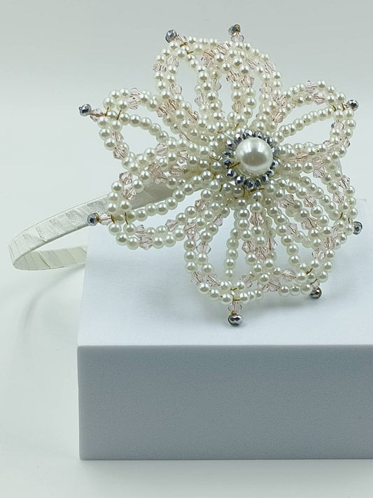 Choko Radiant Pearl Floral Hairband for Girls - Off White, Silver