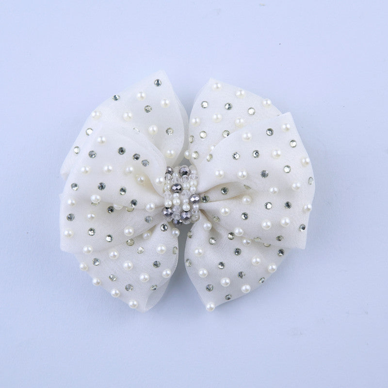 Choko Satin Double Bow Hair Clip with Pearl and Rhinestone Embellishments White, Silver for Girls
