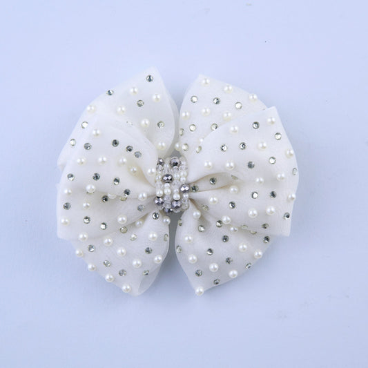 Choko Satin Double Bow Hair Clip with Pearl and Rhinestone Embellishments White, Silver for Girls