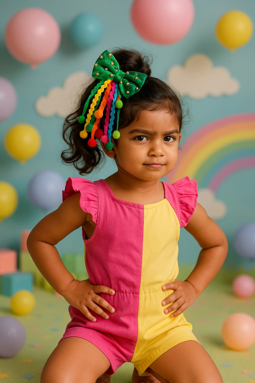 Green Pom-Pom Bow Hair Tie for Girls - Choko Kids' Accessory - Choko