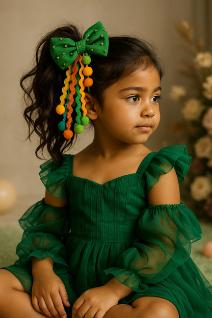 Green Pom-Pom Bow Hair Tie for Girls - Choko Kids' Accessory - Choko