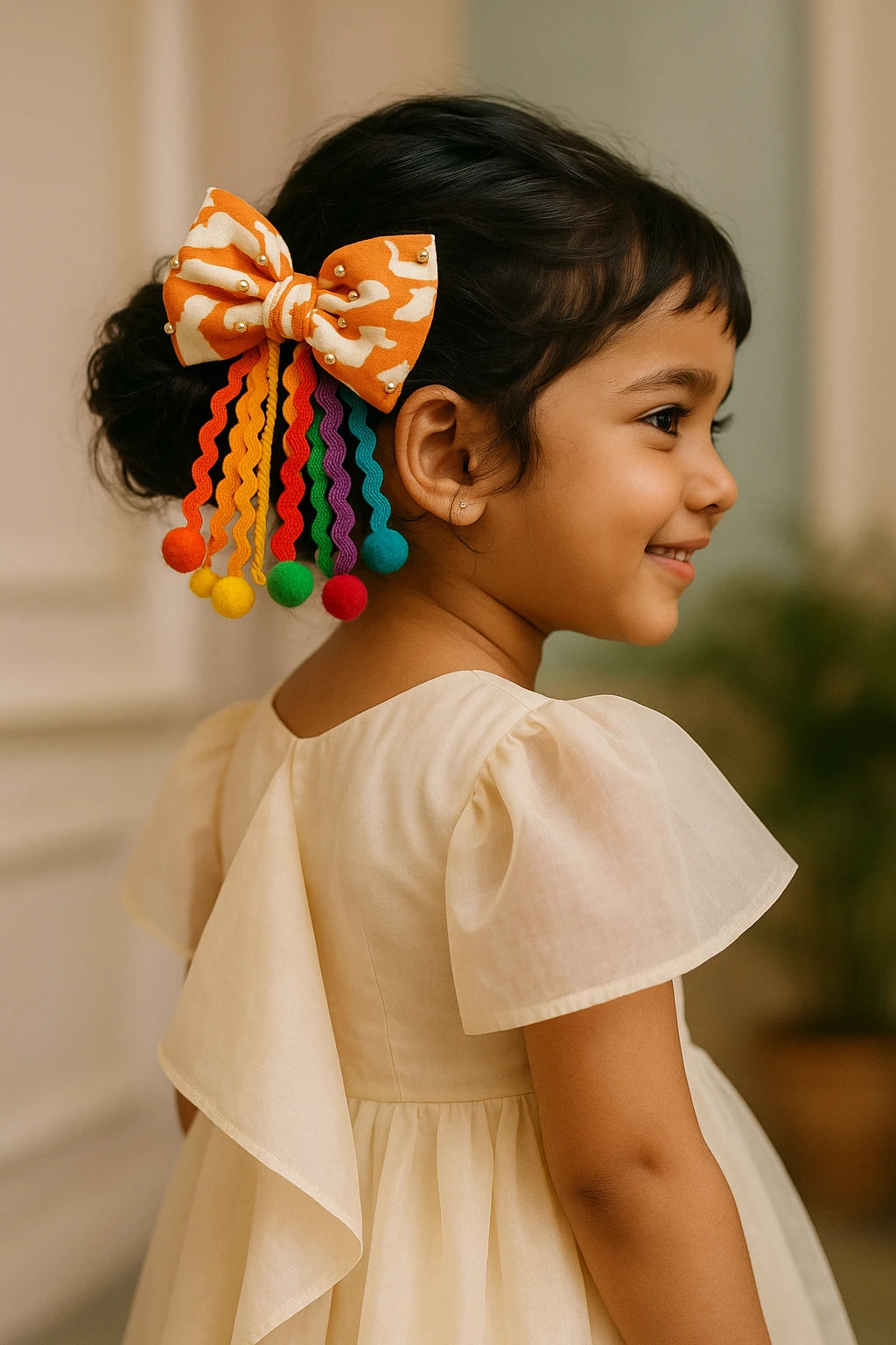 Choko Orange Pom-Pom Bow Hair Tie - Ethnic Kids' Hair Accessory - Choko