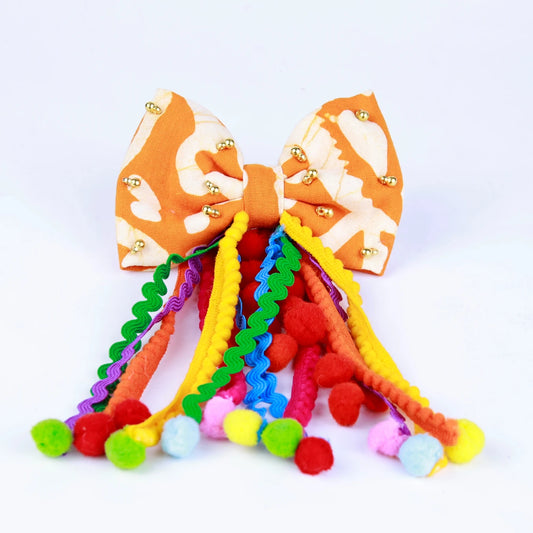 Choko Orange Pom-Pom Bow Hair Tie - Ethnic Kids' Hair Accessory - Choko