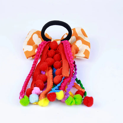 Choko Orange Pom-Pom Bow Hair Tie - Ethnic Kids' Hair Accessory - Choko