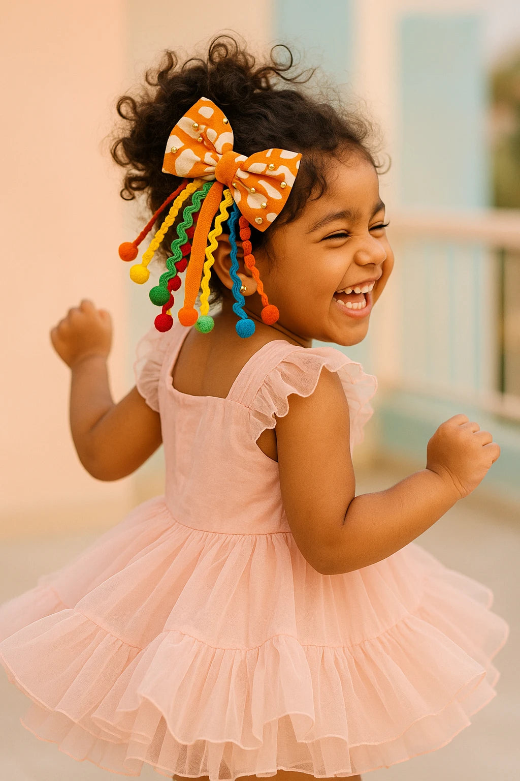 Choko Orange Pom-Pom Bow Hair Tie - Ethnic Kids' Hair Accessory - Choko