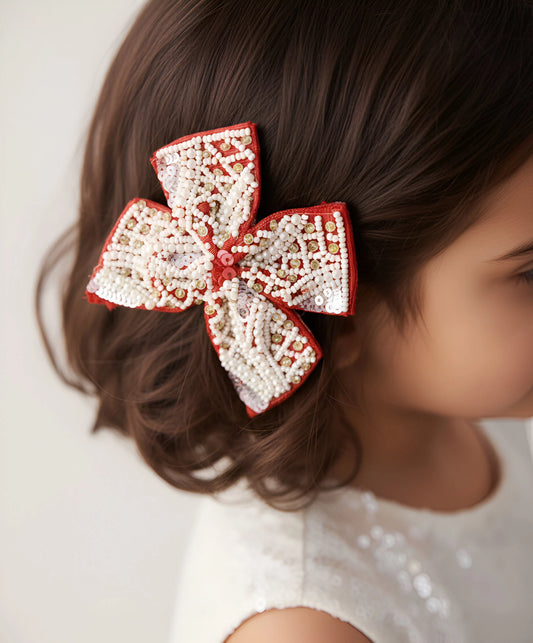 Red Beaded Bow Hairclip for Girls - Choko Kids' Accessory - Choko