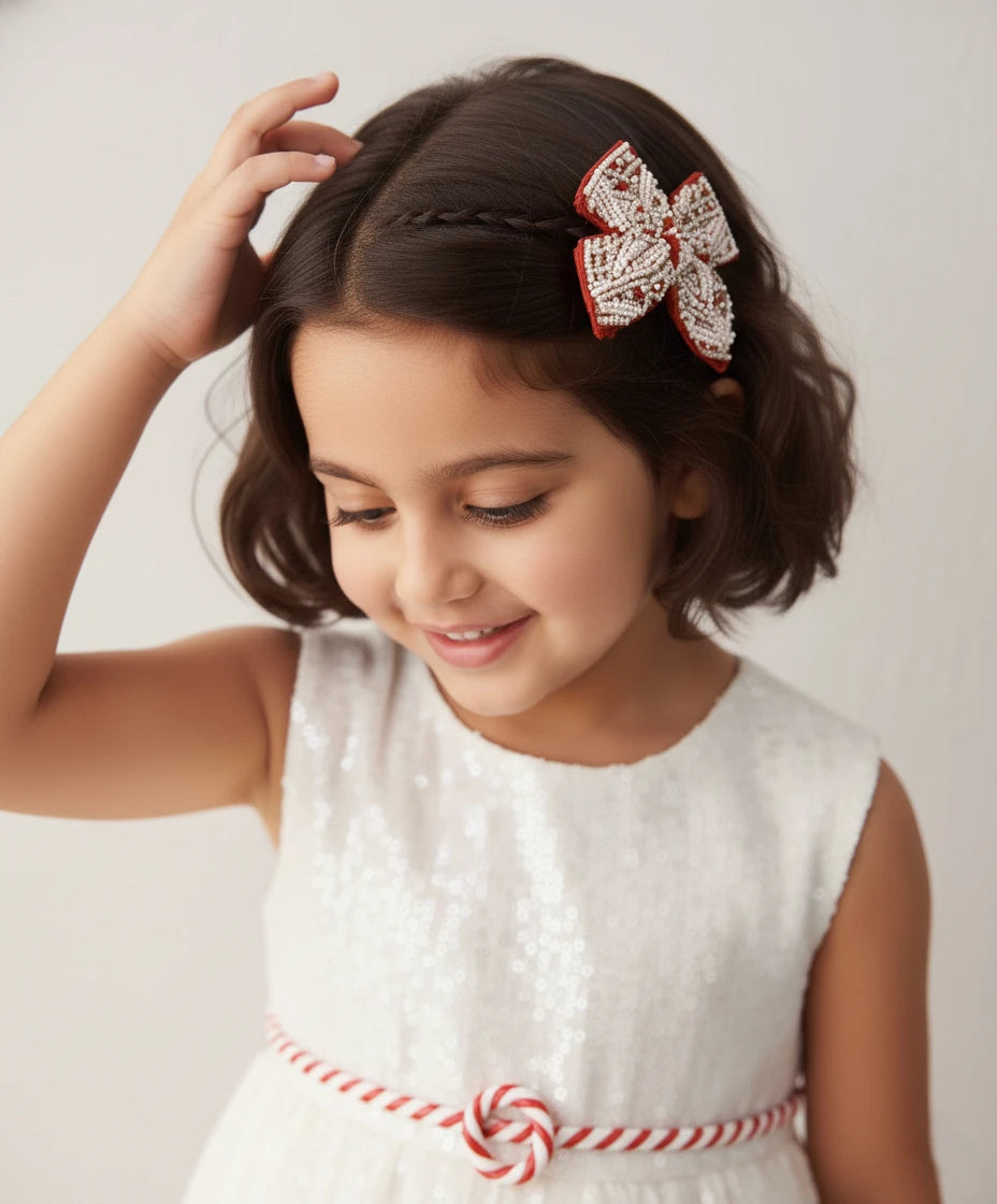 Red Beaded Bow Hairclip for Girls - Choko Kids' Accessory - Choko