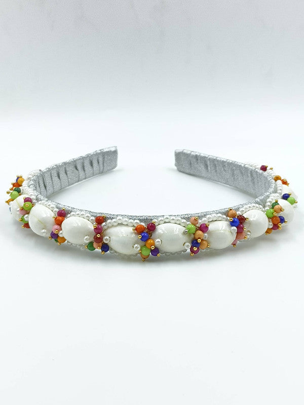 Choko - Kids Gota Hand Embellished Hairband - Shell and Pearl - Silver, White & Orange