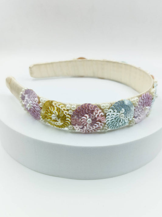 Choko - Kids Satin Hand Beaded Hairband - Sequin and Pearl - Pink, Blue & Cream