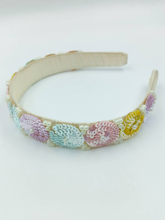 Choko - Kids Satin Hand Beaded Hairband - Sequin and Pearl - Pink, Blue & Cream